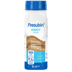 Eine Flasche Trinknahrung Fresubin Energy Drink mit dem Geschmack Cappuccino 
