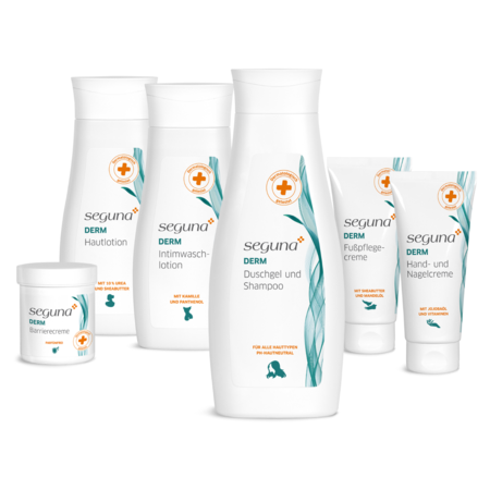 6-Tuben SEGUNA Derm Barrierecreme, Hautlotion, Intimwaschlotion, Duschgel und Shampoo, Fußpflegecreme und Hand- und Nagelcreme
